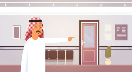 Arab Business Man Point Finger On Doors Entrepreneur In Modern Office Flat Vector Illustrationのイラスト素材