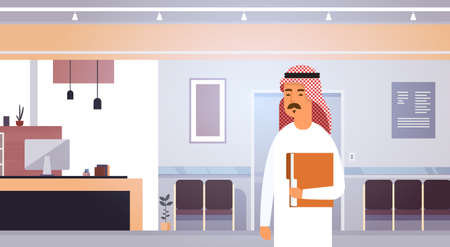 Arab Business Man Holding Folder With Documents Entrepreneur In Modern Office Flat Vector Illustrationのイラスト素材