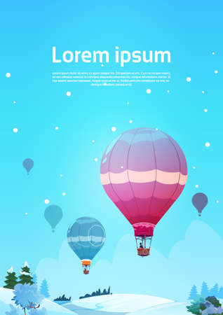 Colorful Air Balloons Flying In Sky Over Winter Snow Landscape Flat Vector Illustrationのイラスト素材