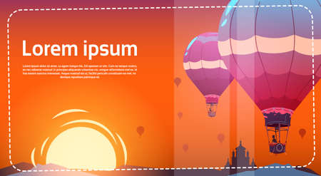 Colorful Air Balloons Flying In Sky Over Sunset Sea Landscape Flat Vector Illustrationのイラスト素材