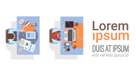 People Using Computers Businesspeople Workplace Desk Top Angle View Laptop Desktop Teamwork Flat Vector Illustrationのイラスト素材