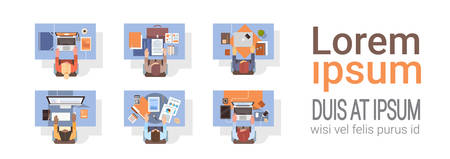 People Using Computers Businesspeople Workplace Desk Top Angle View Laptop Desktop Teamwork Flat...