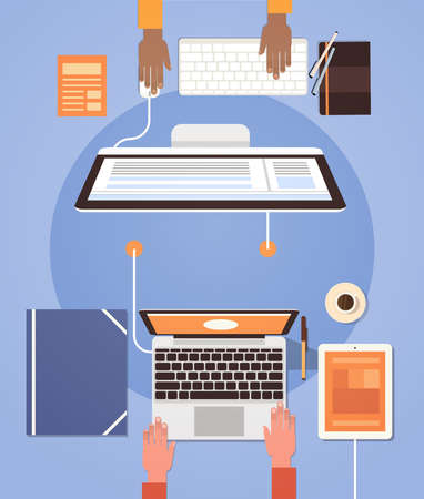 People Using Computers Businesspeople Hand Workplace Desk Top Angle View Laptop Desktop Teamwork Flat Vector Illustrationのイラスト素材