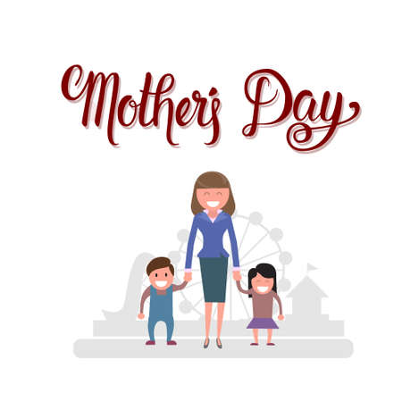 Happy Mother Day, Woman With Children, Spring Holiday Greeting Card Banner Flat Vector Illustrationのイラスト素材