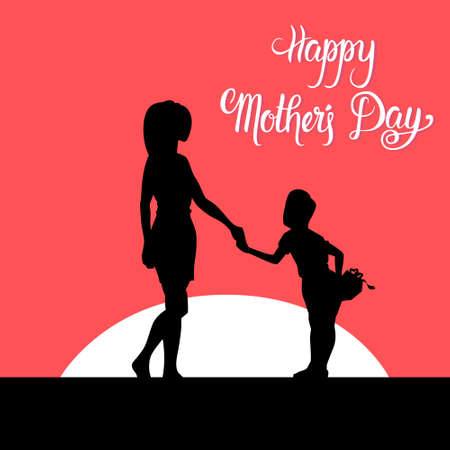 Happy Mother Day, Silhouette Woman With Child, Spring Holiday Greeting Card Banner Flat Vector Illustration on redのイラスト素材