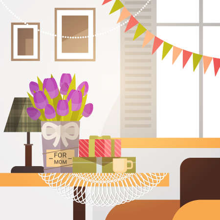 Decorated Living Room Interior, Flowers For Mom, Happy Mother Day Spring Holiday Flat Vector Illustrationのイラスト素材