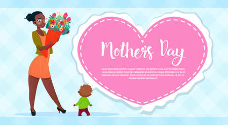 Happy Mother Day, Woman Hold Flowers Bouquet Spring Holiday Greeting Card Banner Flat Vector Illustrationのイラスト素材