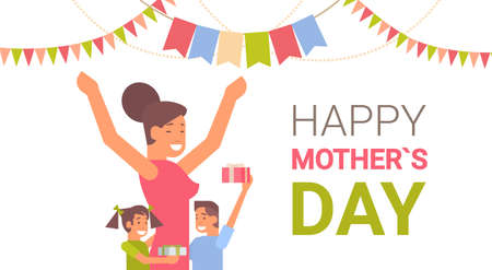 Happy Mother Day, Woman With Children, Spring Holiday Greeting Card Banner Flat Vector Illustrationのイラスト素材
