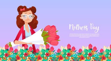 Happy Mother Day, Woman Hold Present Flowers Bouquet Spring Holiday Greeting Card Banner Flat Vector Illustrationのイラスト素材