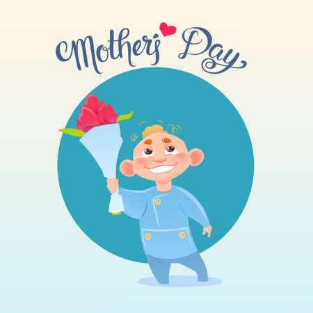 Happy Mother Day, Son Hold Flowers, Spring Holiday Greeting Card Banner Flat Vector Illustrationのイラスト素材