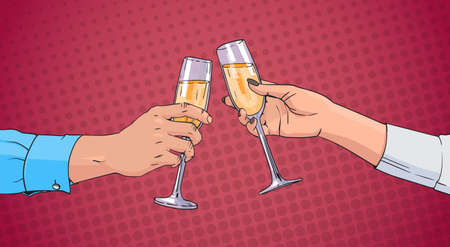 Couple Hands Clinking Glass Of Champagne Wine Toasting Pop Art Retro Pin Up Background Vector Illustrationのイラスト素材