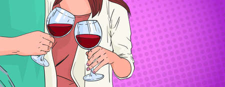 Couple Hands Clinking Glass Of Red Wine Toasting Pop Art Retro Pin Up Background Vector Illustrationのイラスト素材