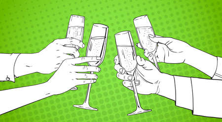 Sketched Hands Group Clinking Glass Of Champagne Wine Toasting Pop Art Retro Pin Up Background Vector Illustrationのイラスト素材