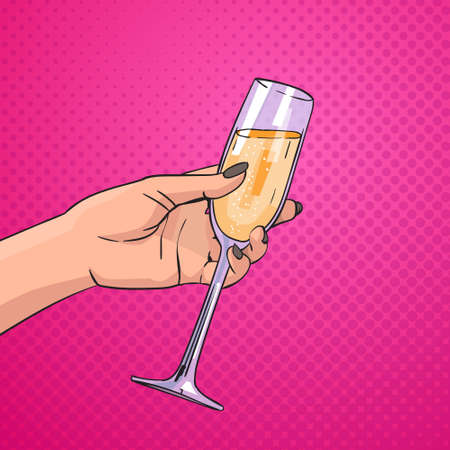 Female Hand Holding Glass Champagne Wine Pop Art Retro Pin Up Background Vector Illustrationのイラスト素材