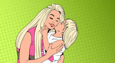 Small Girl Kisses Woman, Mother With Daughter Over Pop Art Retro Pin Up Background Vector Illustrationのイラスト素材