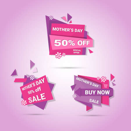 Shopping Sale Happy Mother Day Discount Sticker Set, Spring Holiday Greeting Card Banner Flat Vector Illustrationのイラスト素材