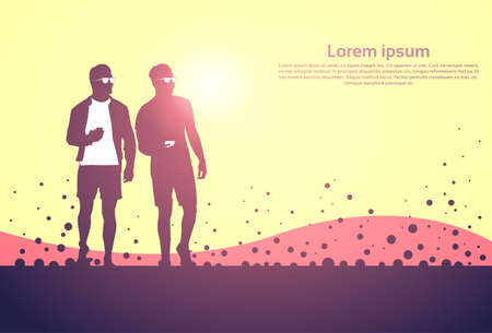 Two Silhouette Men Use Cell Smart Phone Standing Over Abstract Sunset Background Vector Illustrationのイラスト素材