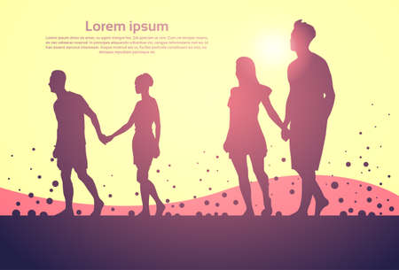 Two Silhouette Couple Man And Woman Walk Holding Hands Full Length Over Abstract Background Vector Illustrationのイラスト素材