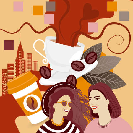 Two Girls Over Coffee Cup Background Break Breakfast Drink Vector Illustrationのイラスト素材