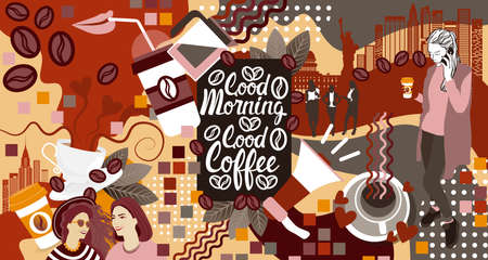 Two Girls Over Coffee Cup Background Break Breakfast Drink Vector Illustrationのイラスト素材