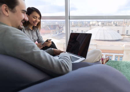 Businesspeople Group In Coworking Center Using Laptop Computer, Coworkers Workplace Mix Race People...