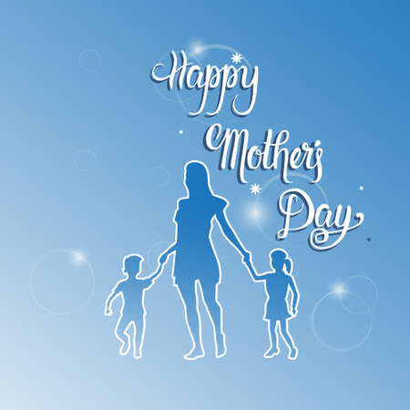 Happy Mother Day, Silhouette Mom Holding Children Hands, Spring Holiday Greeting Card Banner Flat Vector Illustrationのイラスト素材