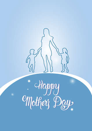 Happy Mother Day, Silhouette Mom Holding Children Hands, Spring Holiday Greeting Card Banner Flat Vector Illustrationのイラスト素材