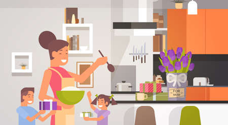 Happy Smiling Mom With Children In Kitchen Greeting Mother Day, Spring Holiday Flat Vector Illustrationのイラスト素材