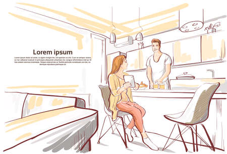 Couple Having Breakfast, Woman Show Tablet Computer To Man Cooking Food Kitchen Studio Sketch Vector Illustrationのイラスト素材