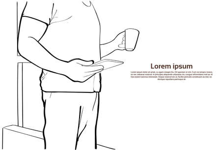 Man Hold Tablet Computer Coffee Cup Closeup Sketch Chatting Online Vector Illustrationのイラスト素材