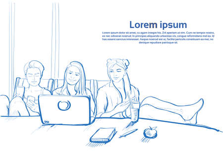 Three Sketch Girl Sitting Together Using Laptop Computer Chatting On Cell Smart Phones Vector Illustrationのイラスト素材
