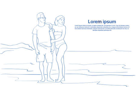 Sketch Couple Embracing On Sea Beach Man And Woman On Vacation Vector Illustrationのイラスト素材