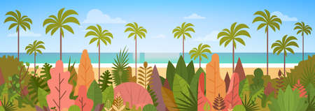 Tropical Beach Island Palm Tree Ocean Summer Vacation Concept Flat Vector Illustrationのイラスト素材