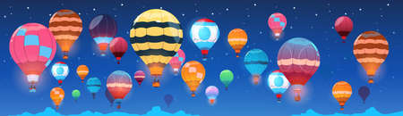Colorful Air Balloons Flying In Night Sky Banner Flat Vector Illustrationのイラスト素材