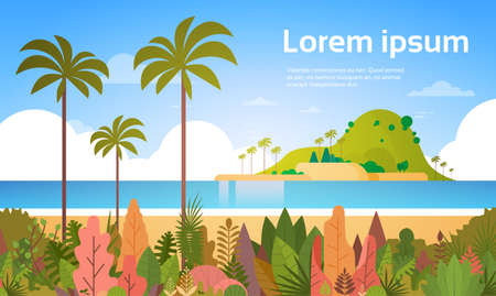 Tropical Beach Island Palm Tree Ocean Summer Vacation Concept Flat Vector Illustrationのイラスト素材