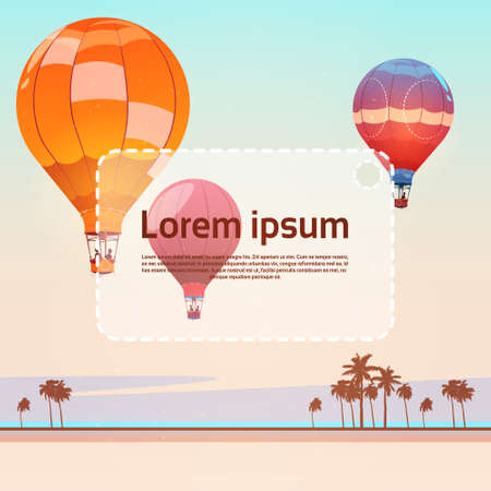 Colorful Air Balloons Flying In Sky On Beach Banner Flat Vector Illustrationのイラスト素材