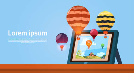 Modern Tablet Computer With Colorful Air Balloons Flying In Sky Image Flat Vector Illustrationのイラスト素材