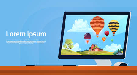 Modern Desktop Computer With Colorful Air Balloons Flying In Sky Image Flat Vector Illustrationのイラスト素材