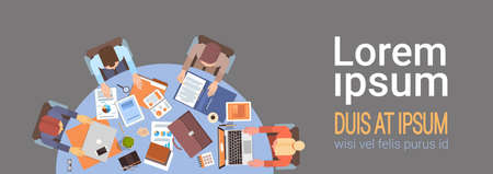Business People Workplace Desk Hands Working Laptop And Tablet Computer Top Angle View Office Teamwork Flat Vector Illustrationのイラスト素材