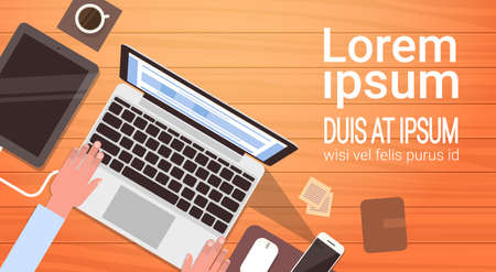 Businessman Workplace Desk Hands Working Laptop Computer Top Angle View Office Flat Vector Illustrationのイラスト素材