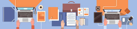 Business People Workplace Desk Hands Working Laptop And Tablet Computer Top Angle View Office...