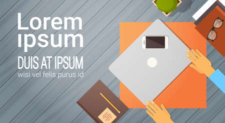 Businessman Workplace Desk Hands Working Laptop Computer Top Angle View Office Flat Vector Illustrationのイラスト素材