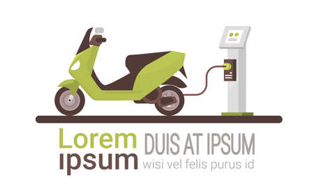 Electrical Scooter At Charging Station Eco Friendly Vehicle Flat Vector Illustrationのイラスト素材