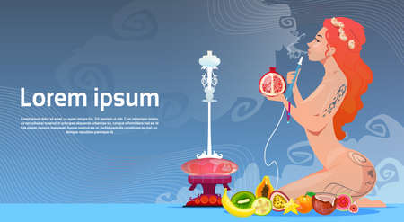 Attractive Girl Smoking Hookah Pipe Flat Vector Illustrationのイラスト素材