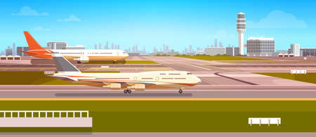 Airport Terminal With Aircraft Flying Plane Taking Off Flat Vector Illustration.のイラスト素材