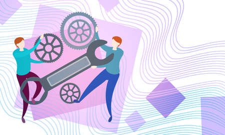 Business People Group With Cog Wheel Team Brainstorming Process Flat Vector Illustrationのイラスト素材