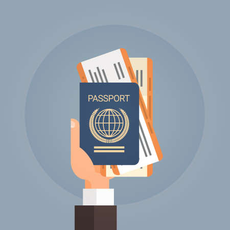 Hand Holding Passport Ticket Boarding Pass Travel Document Flat Vector Illustrationのイラスト素材