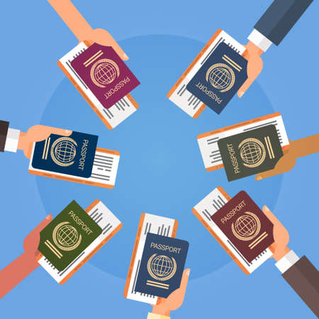 Hands Holding Passport Ticket Boarding Pass Travel Document Flat Vector Illustrationのイラスト素材