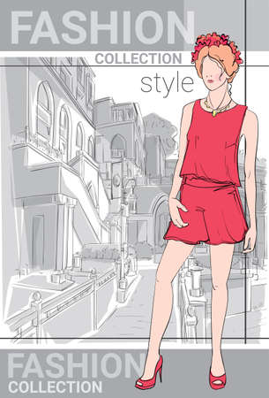 Fashion Collection Style Model Girl Wear Elegant Clothes In Street Sketch Vector Illustrationのイラスト素材