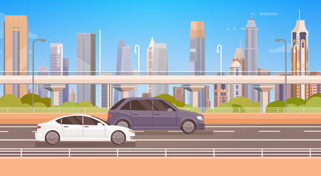 Cars Driving City Street Panorama Urban Road Flat Vector Illustrationのイラスト素材